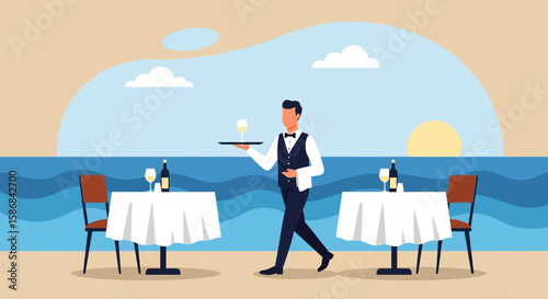 Waiter Serving Drinks At Seaside Restaurant In Elegant Holiday Scene