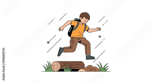 Young Hiker Leaping Over Log, Outdoor Adventure and Recreational Pursuits
