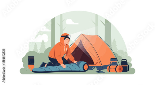 Young Hiker Preparing Sleeping Bag For Camping In Forest Setting With Tent