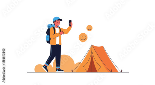 Young Man Capturing Camping Trip Moments With Phone While Spreading Joy