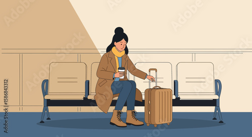 Waiting Passenger Woman Sitting In The Airport With Suitcase And Coffee