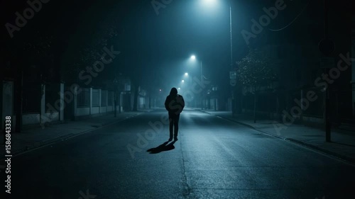 Mysterious man in a hoodie walking alone on a dark, foggy street at night. Solitary figure in a cinematic, suspenseful scene under eerie streetlights.