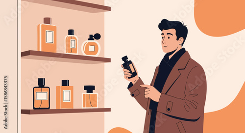 Young Man Choosing Fragrance In A Perfume Store With Minimalist Shelving
