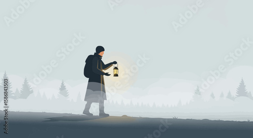 Wandering Through The Fog With A Lantern In A Mystical Winter Landscape