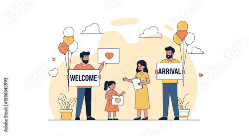 Warm Family Welcome With Balloons Holding Signs Arrival And Heartfelt Greetings