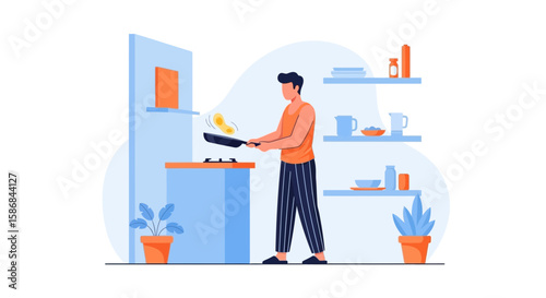 Young Man Making Pancake In The Kitchen At Home With A Frying Pan
