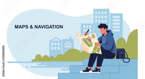 Young Man Planning His Route Using a Paper Map In the Cityscape