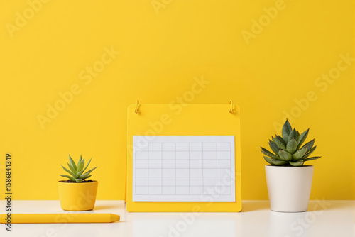 Two potted plants and a blank calendar on a white table against a yellow background.