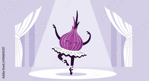 Whimsical Onion Ballerina Dancing Gracefully On A Stage With Curtains Background