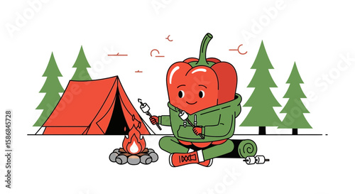 Whimsical Pepper Character Enjoying Campground Roasting Marshmallows Over Bonfire