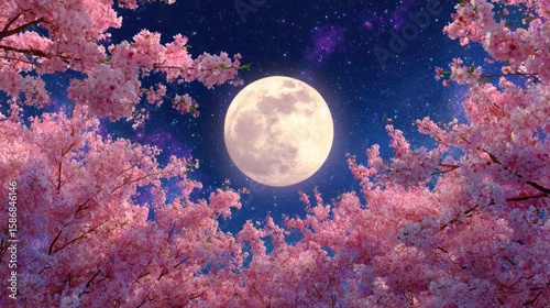 Blossoming cherry trees frame a bright moon against a starry, dark blue sky