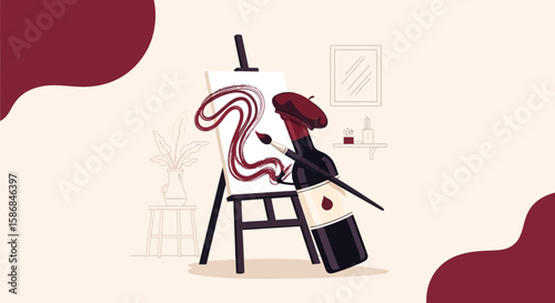 Wine Artist Bottle Painting On Canvas Creative Artistic Concept Vector Design