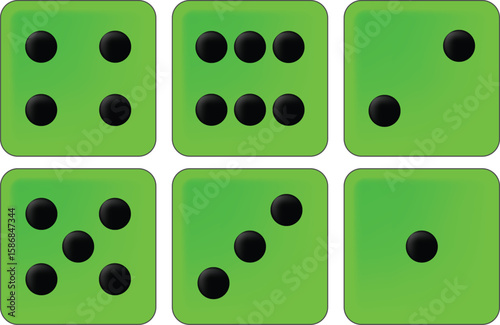 Six green dice showing different numbers from one to six, forming a perfect square