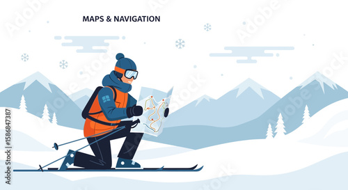 Winter Adventure Skier Navigating Snowy Mountain Landscape With Detailed Topographic Map