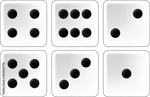 Six white dice showing different numbers from one to six, forming a perfect square