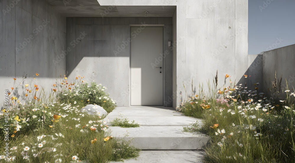 Fototapeta premium Concrete entranceway with wildflowers.