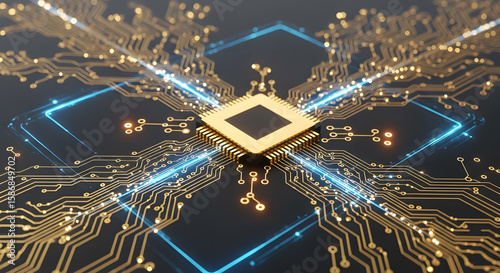 Golden Microchip Processor on Circuit Board with Blue Light Trails