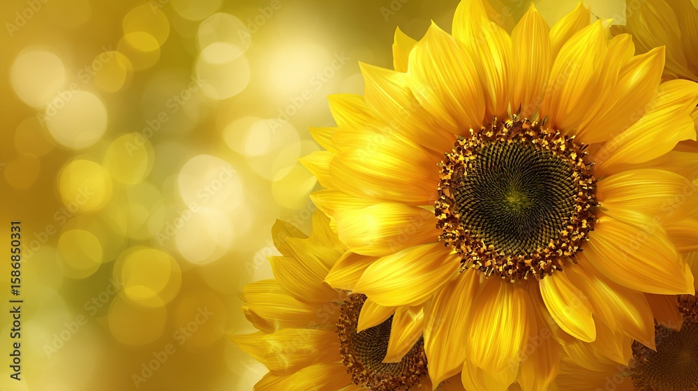 Naklejka premium Golden sunflower cluster against bokeh lights, vivid yellow floral nature wallpaper