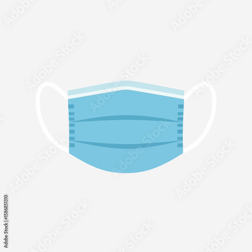 Blue surgical face mask with white ear loops on a light gray background.