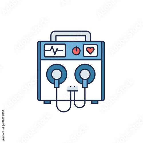 Medical defibrillator with paddles and screen displaying a heartbeat waveform.