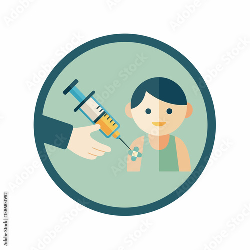 Child receiving an injection from a medical professional in a circular frame.