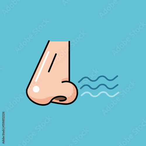 Cartoon nose with wavy lines indicating smell on a blue background.