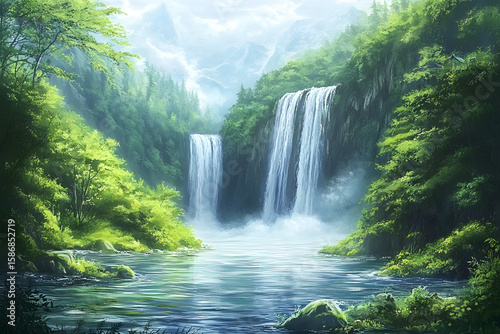 a painting of a waterfall in a forest