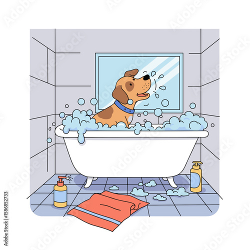 Dog playing in bathtub filled with bubbles and water at home  