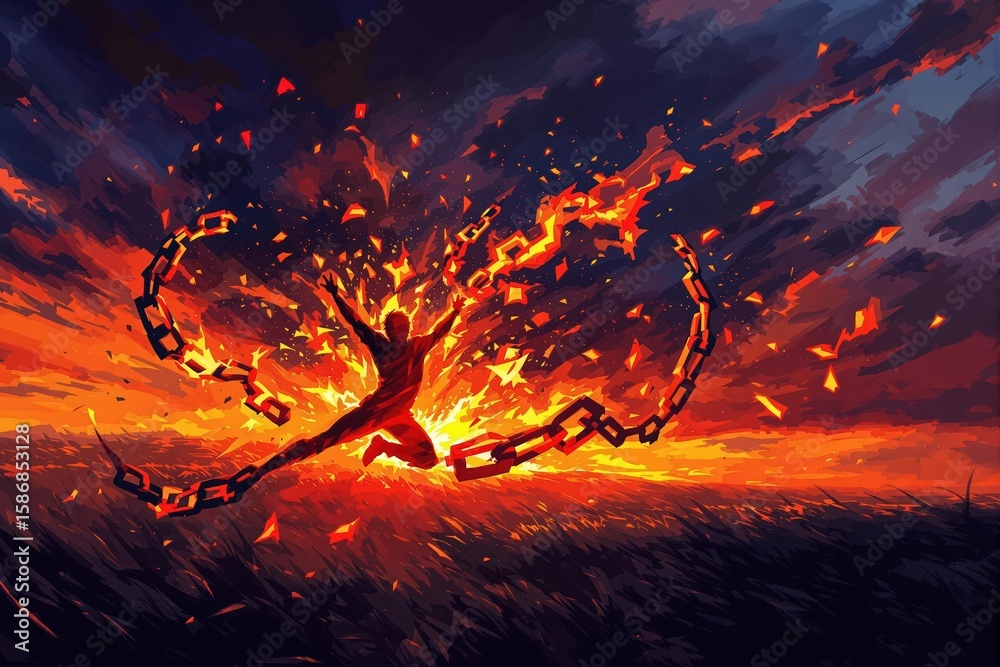 Fototapeta premium Abstract illustration of a human figure breaking free from fiery chains with an explosive burst of light, symbolizing freedom and liberation.