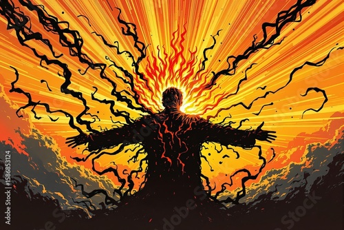 Dynamic illustration of a human silhouette with arms outstretched, emitting powerful golden and orange energy rays against a vibrant sky, symbolizing power and inspiration.