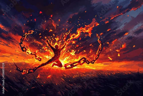 Abstract illustration of a human figure breaking free from fiery chains with an explosive burst of light, symbolizing freedom and liberation.
