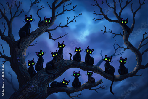Numerous black cats with glowing green eyes perched on bare tree branches against a mysterious dark blue sky, evoking a Halloween or spooky theme.