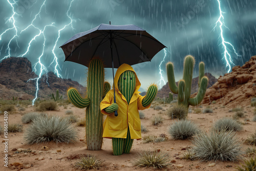 Humorous illustration of a cactus wearing a yellow raincoat and holding an umbrella in a desert thunderstorm with lightning.