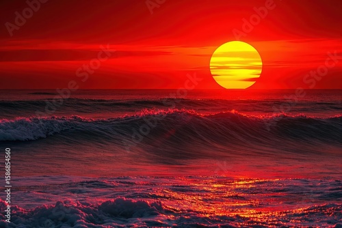 Dramatic red sunset over the ocean with large waves and a glowing sun, evoking power and raw natural beauty.