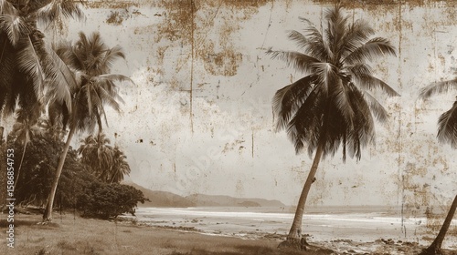 old worn vintage sepia toned polaroid photo of sunny sand beach with palm trees