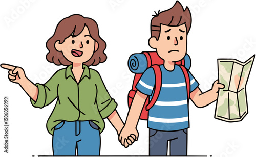 A cheerful woman points the way while a confused man examines a map.