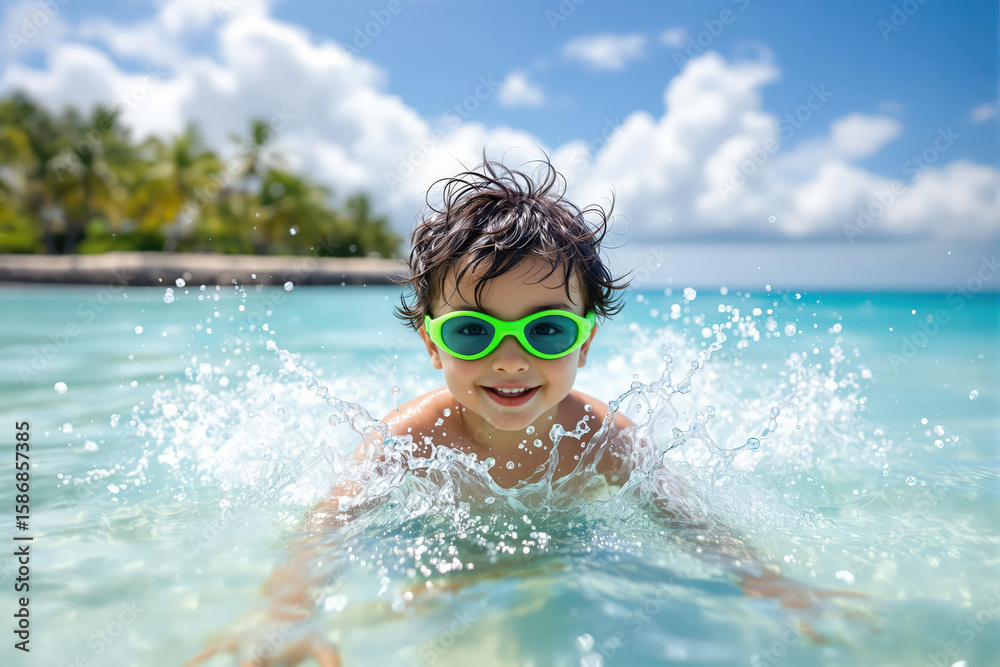 Naklejka premium Happy young boy with green swim goggles splashing joyfully in tropical ocean water, symbolizing summer fun and active play.