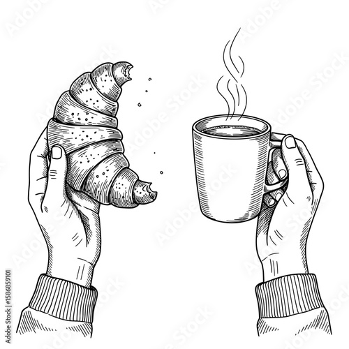POV vintage ink sketch croissant in one hand and coffee mug in the other – a black and white engraving vector illustration svg

