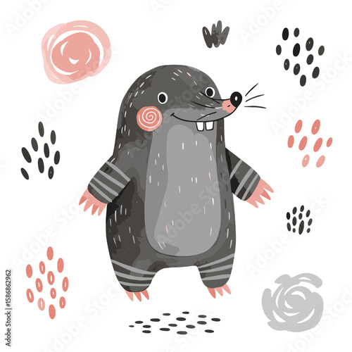 Cute cartoon mole character surrounded by decorative elements  