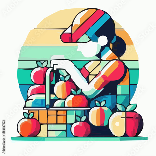 Abstract woman arranging colorful fruits in a basket Icon  