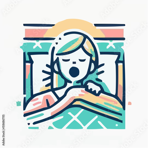 Young girl yawning while lying in bed with colorful bedding  