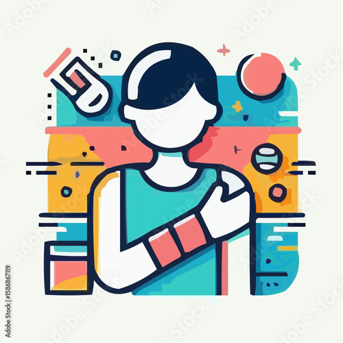 Injured athlete with arm bandage in colorful abstract style - Concept of Kids went to school  