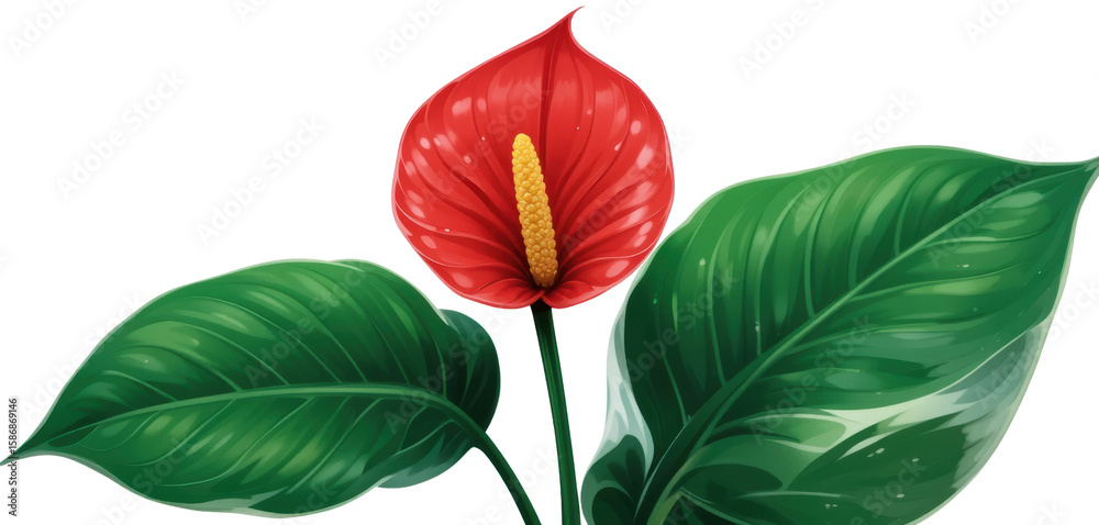 Fototapeta premium Vibrant Red Anthurium Flower with Green Leaves, Nature Illustration, Botanical Art