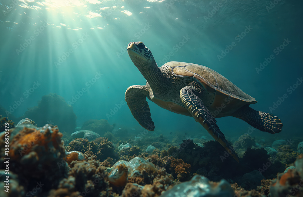 Obraz premium Graceful sea turtle swims through clear blue ocean water. Sunlight filters down through surface, illuminating coral reef habitat below. Image highlights marine life, conservation needs, raising