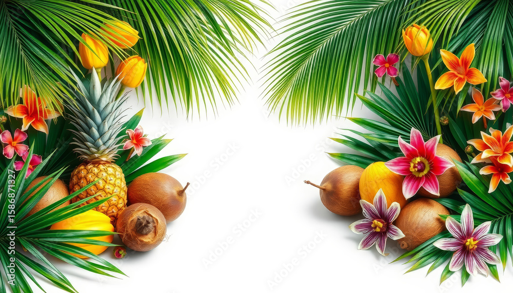 Vibrant tropical fruits and flowers arranged beautifully