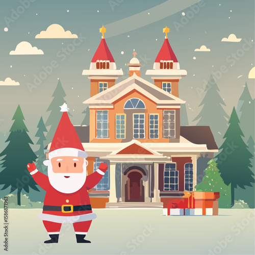 Santa Claus in full joy ready to distribute gifts in a small town