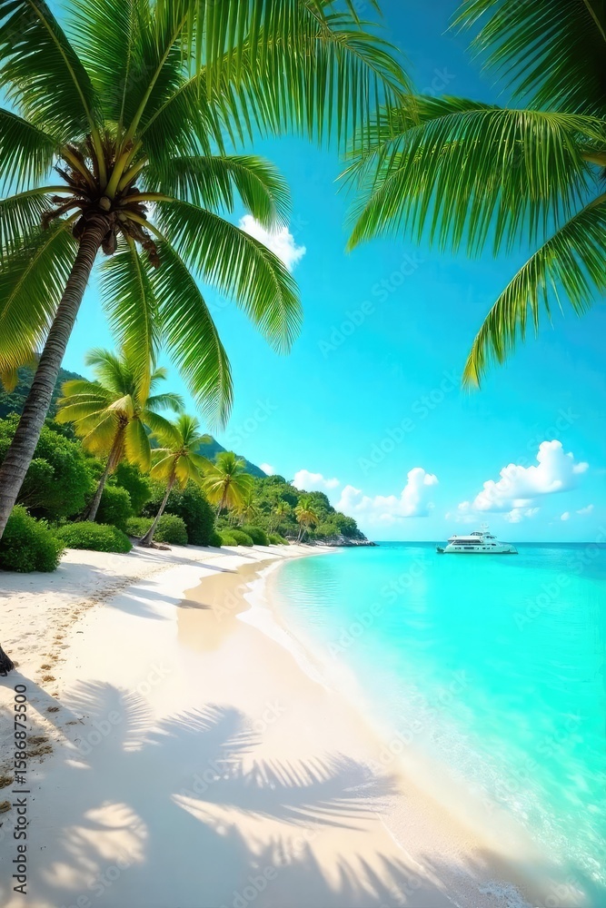 Fototapeta premium Sun-Drenched Beach Paradise Vibrant Summer Scene of Turquoise Water, Swaying Palms, and Soft White Sand. Ideal for travel, vacation, and summer projects.