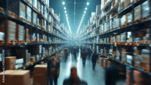 People walking through a busy warehouse filled with stocked shelves and bright lights