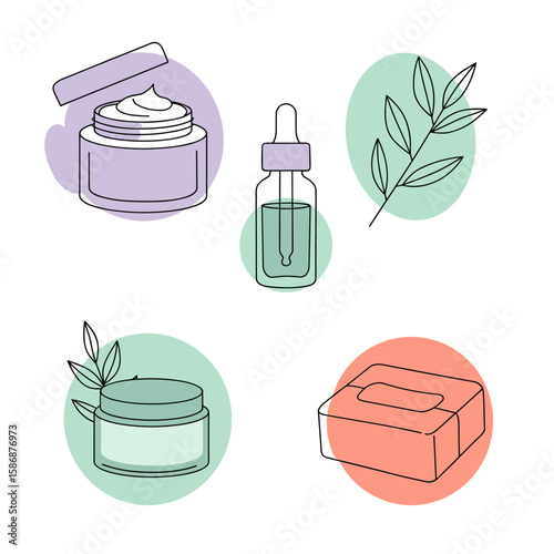 Natural skincare product collection including cream jar, serum dropper, and herbal soap  