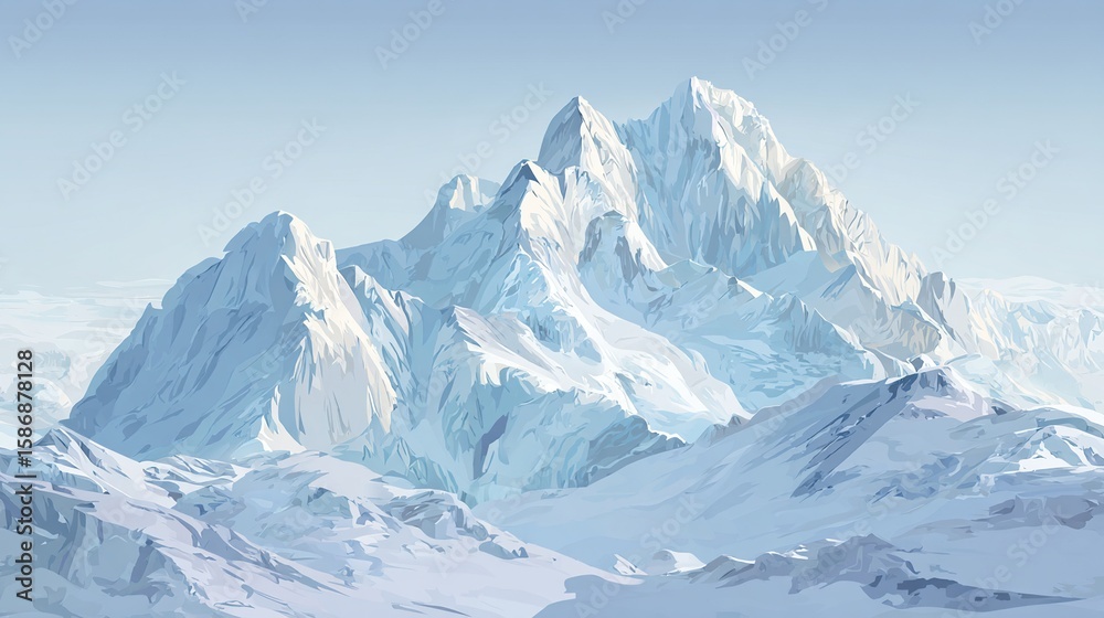 Obraz premium Snowy mountain peak, with bright light hitting slopes under a light blue sky